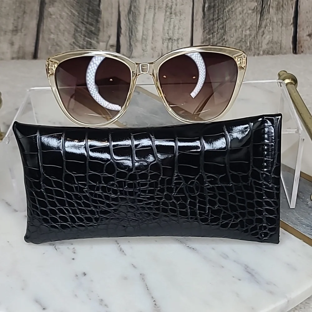 Rachel Zoe Nina Classic Cat Eye Sunnies/Sunglasses Nude Crystal/Brn w/Croc Case
